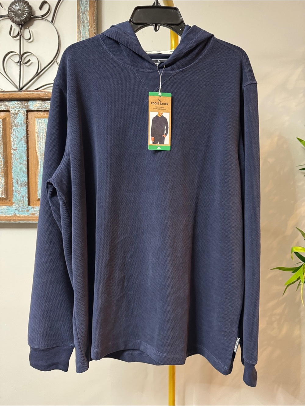 Eddie Bauer Navy textured thick waffle knit lounge long sleeve Hoodie NEW XL